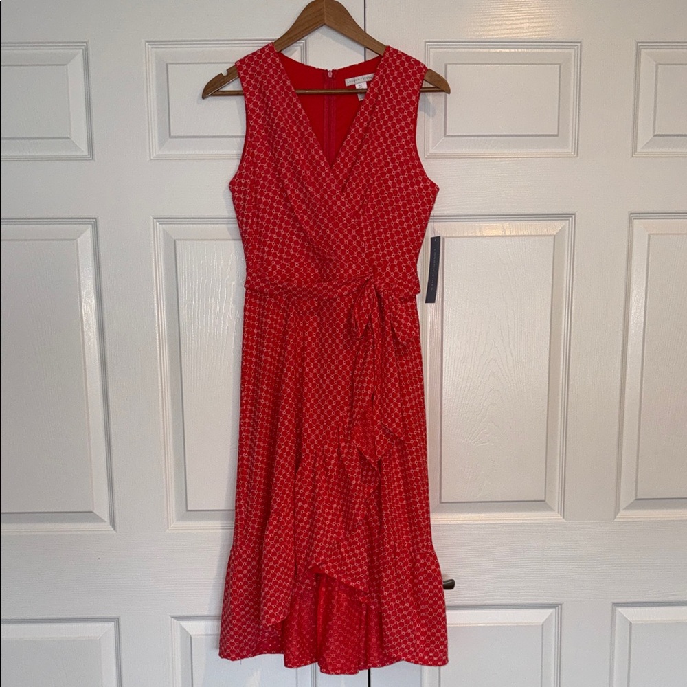Red Eyelet Sleeveless V-Neck Wrap Midi Dresss